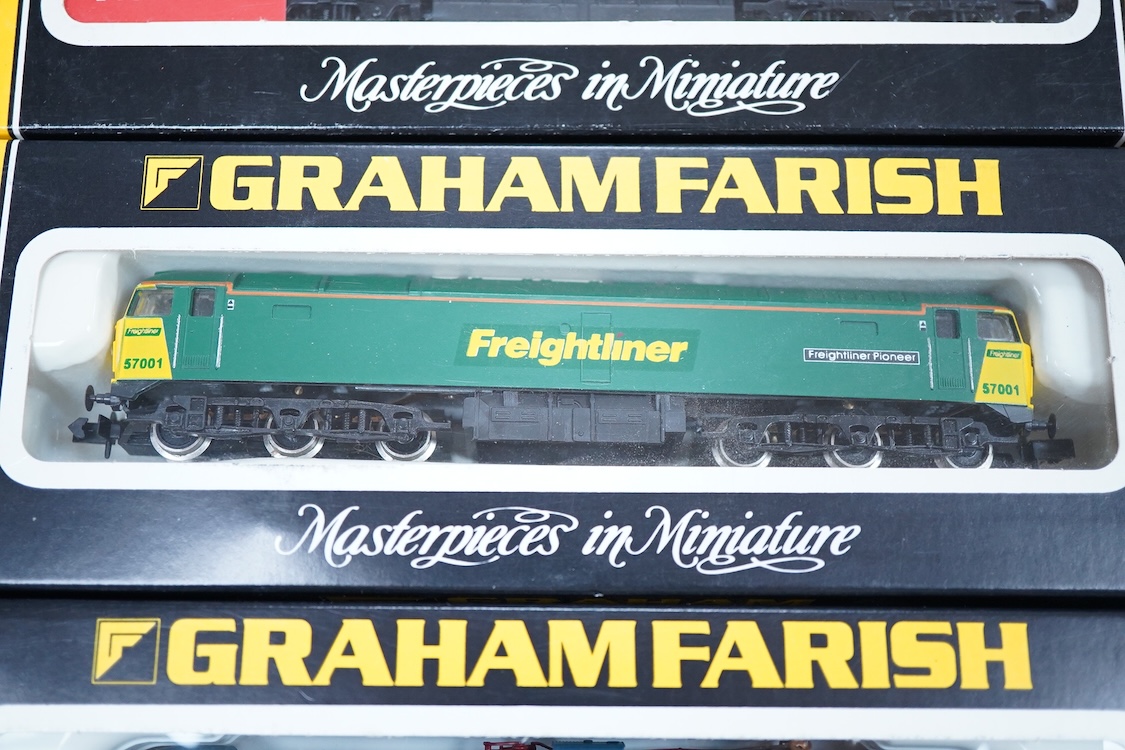 Three boxed Graham Farish N gauge railway electric and diesel locomotives; a Porterbrook class 55, Gordon Highlander (LE841A), a Freightliner class 57, Freightliner Pioneer 57001 (804A), and a BR class 87, Stephenson 871
